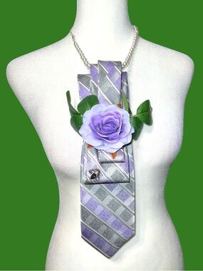 Handcrafted Lavender & Silver Floral Tie Necklace by Dainty Dapper Designs